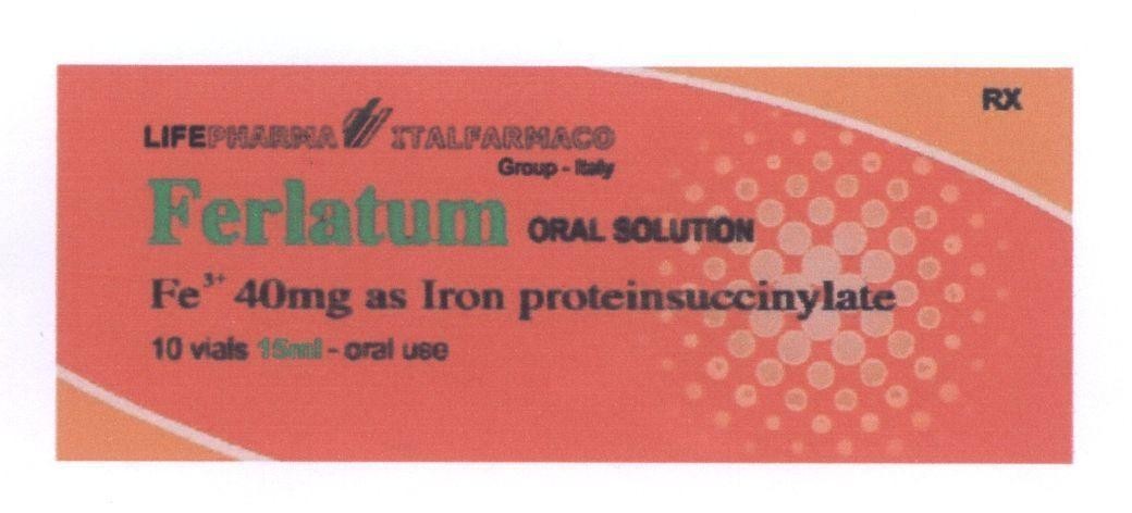 Mẫu nhãn hiệu Ferlatum LIFEPHARMA ITALFARMACO ORAL SOLUTION RX Group - Italy Fe3+ 40 mg as Iron proteinsuccinylate 10 vialis 15ml