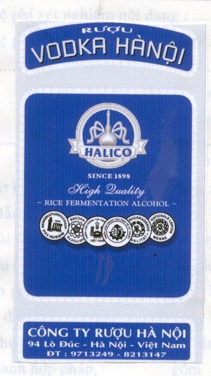 Mẫu nhãn hiệu RUOU VODCA HA NOI HALICO HIGH QUALITY RICE FERMENTATION ALCOHOL SINCE 1898