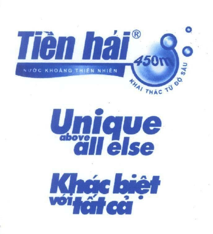 Mẫu nhãn hiệu Tiền hải Nước khoáng thiên nhiên Khai thác từ độ sâu 450m Unique above all else Khác biệt với tất cả