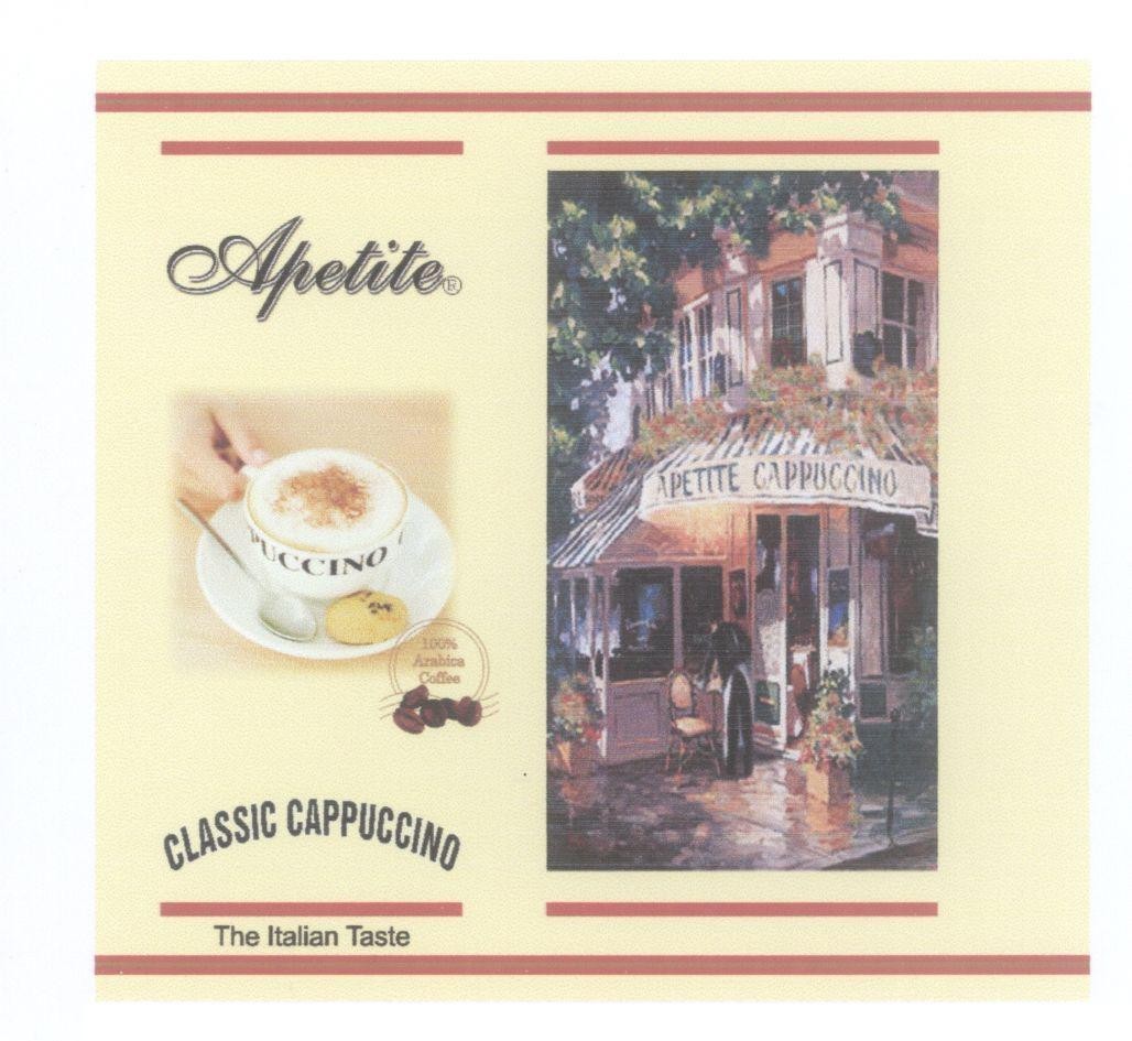 Mẫu nhãn hiệu Apetite PUCCINO 100% Arabica Coffee CLASSIC CAPPUCCINO The Italian Taste APETITE CAPPUCCINO