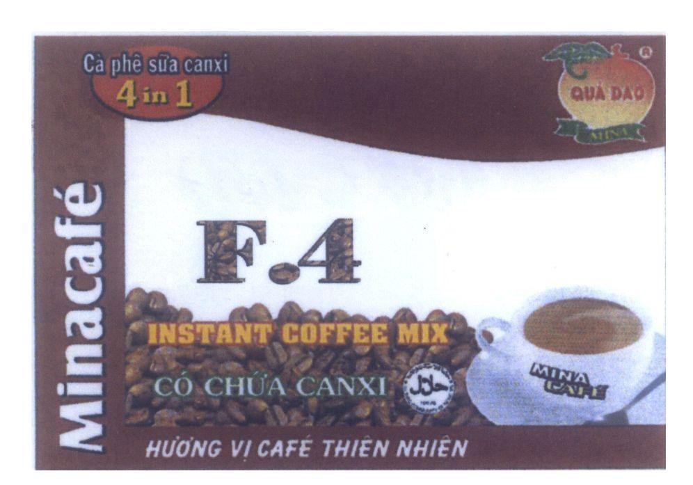 Mẫu nhãn hiệu Quả Đào MINA Minacafé Cà phê sữa canxi 4 in 1 F.4 INSTANT COFFEE MIX Có Chứa Canxi Hương Vị Café Thiên Nhiên