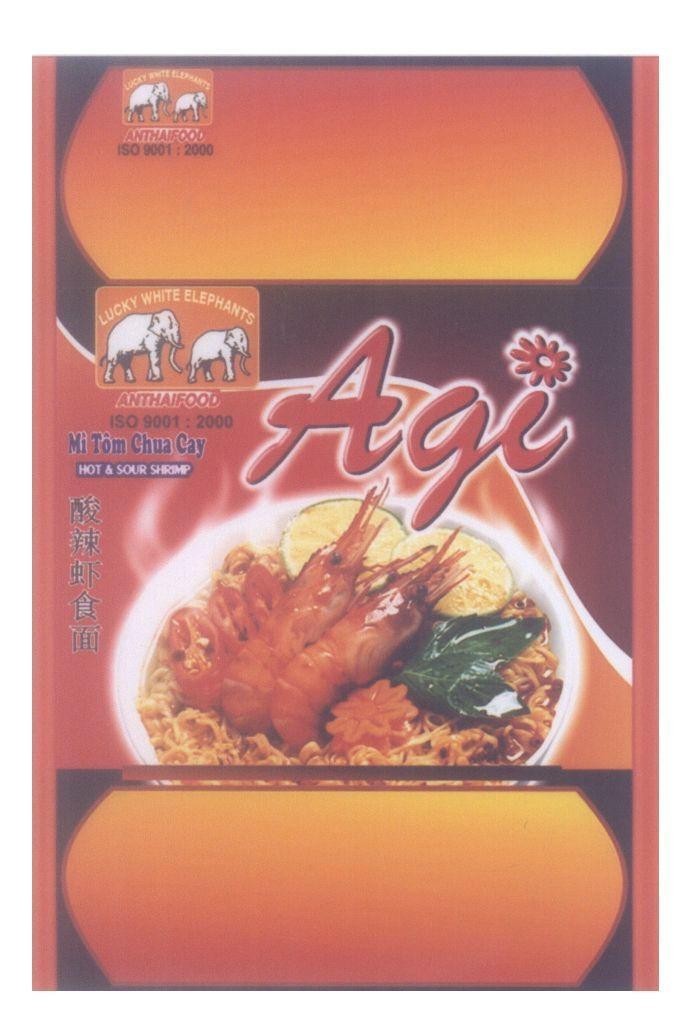 Mẫu nhãn hiệu Agi LUCKY WHITE ELEPHANTS ANTHAIFOOD ISO 9001:2000 Mì Tôm Chua Cay HOT & SOUR SHRIMP [suan la xia shi mian:mì tômchua cay]