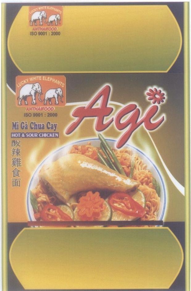 Mẫu nhãn hiệu Agi Mì Gà Chua Cay HOT & SOUR CHICKEN LUCKY WHITE ELEPHANTS ANTHAI FOOD, [suan la ji shi mian:mì gà chua cay]