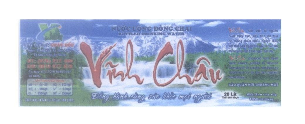 Mẫu nhãn hiệu VC Vĩnh Châu Nước Uống Đóng Chai CTY TNHH TM Châu Đốc Đồng Hành cùng sức khoẻ mọi người Bảo Quản Nơi Thoáng Mát