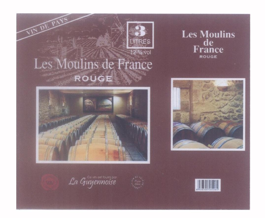Mẫu nhãn hiệu VIN DE PAYS Les Moulins de France La ROUGE Ce vin est fourni par La Guyennoise