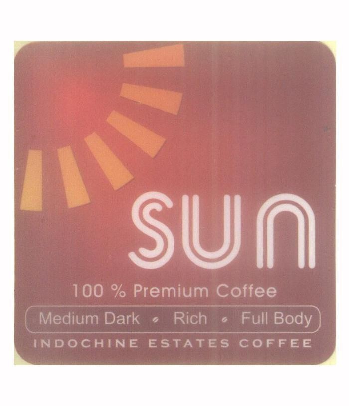 Mẫu nhãn hiệu SUN 100% Premium coffee Medium Dark Rich Full Body INDOCHINE ESTATES COFFEE