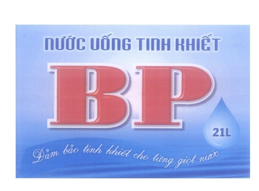 Mẫu nhãn hiệu BP Nước Uống Tinh Khiết Đảm bảo tinh khiết cho từng giọt nước 21L