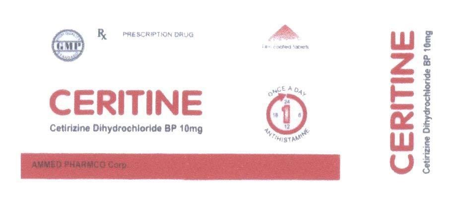 Mẫu nhãn hiệu CERITINE GMP RX PRESCRIPTION DRUG ONCE A DAY ANTIHISTAMINE 1 6 12 18 24 AMMED PHARMCO Corp.High Quality Standard