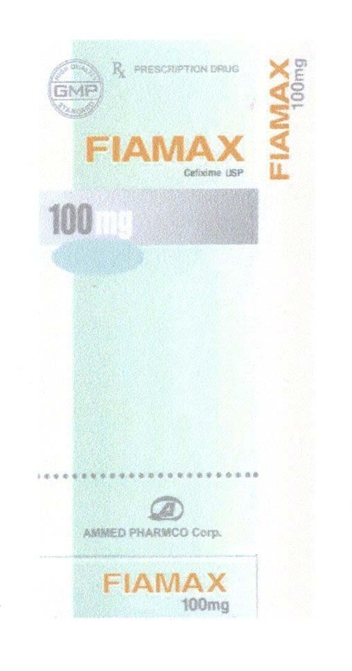 Mẫu nhãn hiệu FIAMAX Cefixime USP GMP RX PRESCRIPTION DRUG AMMED PHARMCO Corp. High Quality Standard