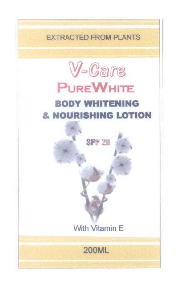 Mẫu nhãn hiệu EXTRACTED FROM PLANTS V-Care PUREWHITE BODY WHITENING & NOURISHING LOTION SPF 20 With Vitamin E 200ML